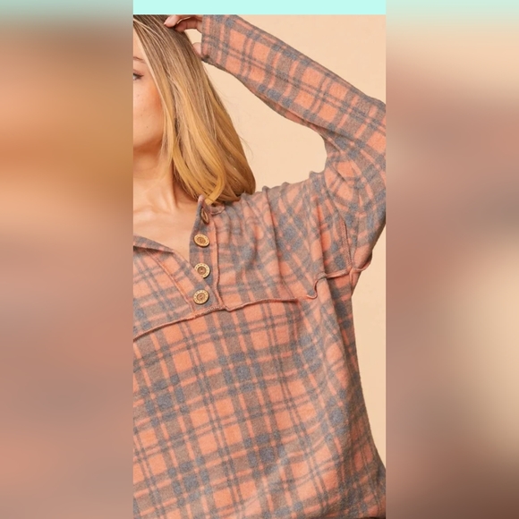 Plus Rust Cashmere Feel Plaid Button Down Knit Top - Picture 2 of 3